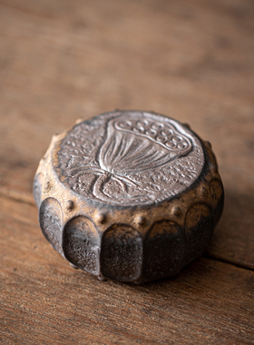 中式铁锈釉荷花鼓盖置盖托茶宠茶玩摆件创意礼品莲蓬茶桌茶盘装饰