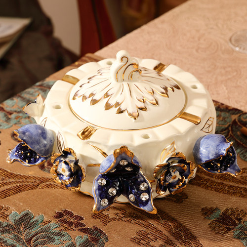 欧式陶瓷烟灰缸带盖时尚创意个性家用客厅茶几办公室烟缸复古摆件