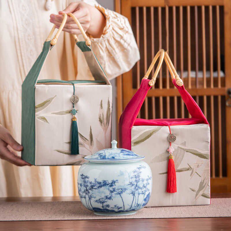 中式高档茶叶礼盒装空盒单罐红茶绿茶普洱龙井半斤装竹纹布包定制