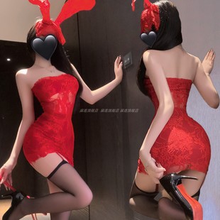 辣妹高级感红色蕾丝抹胸包臀裙短款性感纯欲风修身显瘦连衣裙qqny