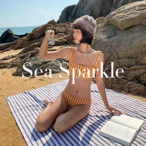 [sea sparkle]三文鱼ins海岛度假分体泳衣植绒比基尼性感温泉拍照