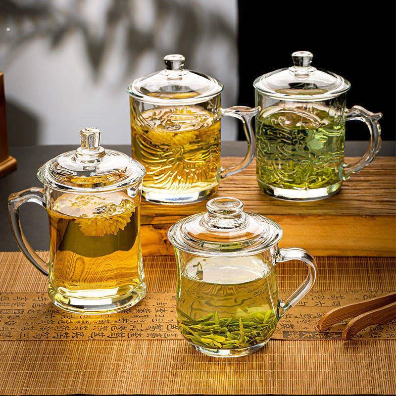 钢化玻璃茶杯子耐高温泡茶玻璃杯喝水带盖子耐热家用有盖子带手柄