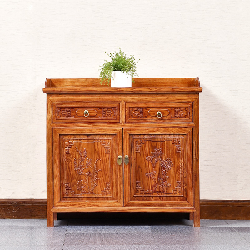 古典两门两斗雕花餐边柜 茶水柜 榆木柜子 中式实木收纳柜靠墙