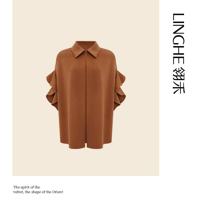 翎禾LINGHE-秋冬时尚优雅宽松短款双面呢斗篷上衣女纯色长袖外套