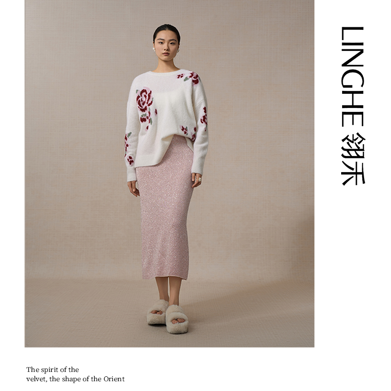 翎禾LINGHE-「山野茶记」长袖圆领羊绒拉毛针织套头