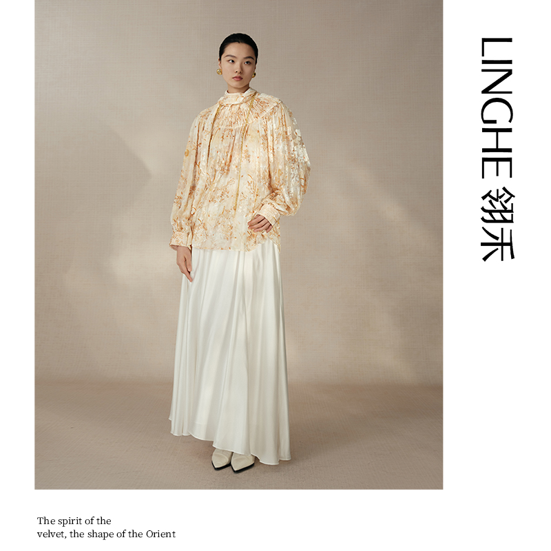 翎禾LINGHE-法式复古丝绒衬衫女印花宫廷风提花秋季褶皱立领外套