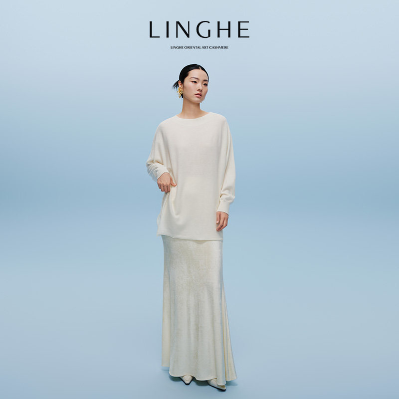 翎禾LINGHE-「来时路白」温柔风宽松软糯蝙蝠袖羊绒羊毛