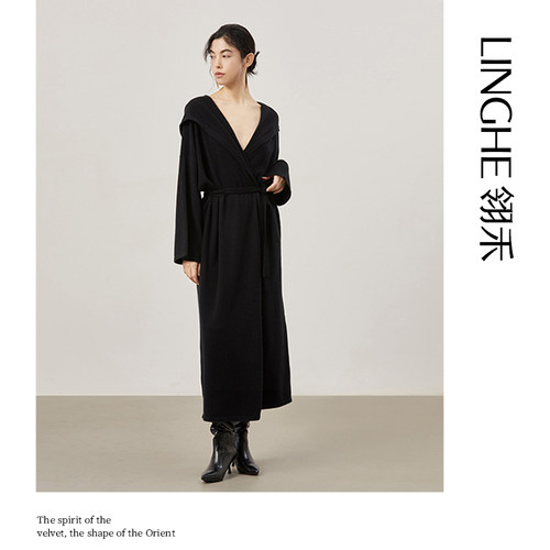 LINGHE「彩想」廓形羊绒休闲慵懒随性百搭长款连帽外套