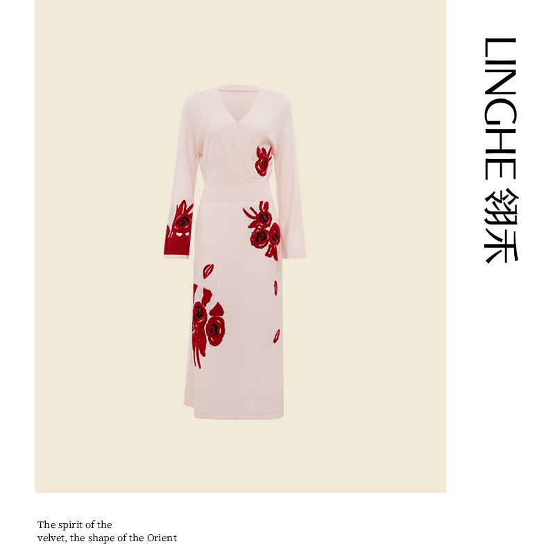 翎禾LINGHE-秋冬季V领针织提花连衣裙