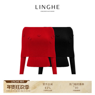 翎禾LINGHE-「楼下柳」秋冬漂亮时髦毛衣小花朵一字领针织上衣