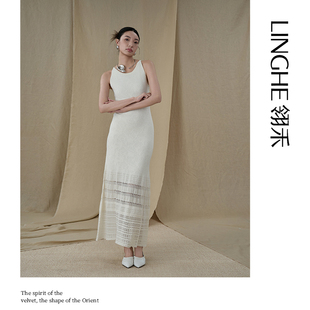 翎禾LINGHE-「碧桃春」无袖圆领针织连衣裙夏季气质显瘦