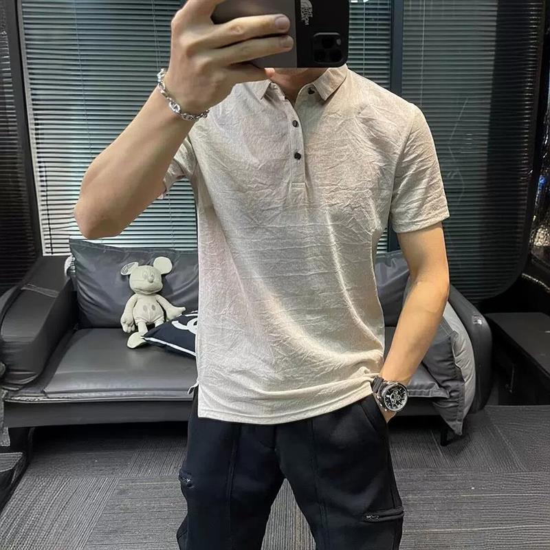 咆哮严选男装夏季冰丝棉麻短袖t恤polo衫速干 干亚麻修身翻领上衣