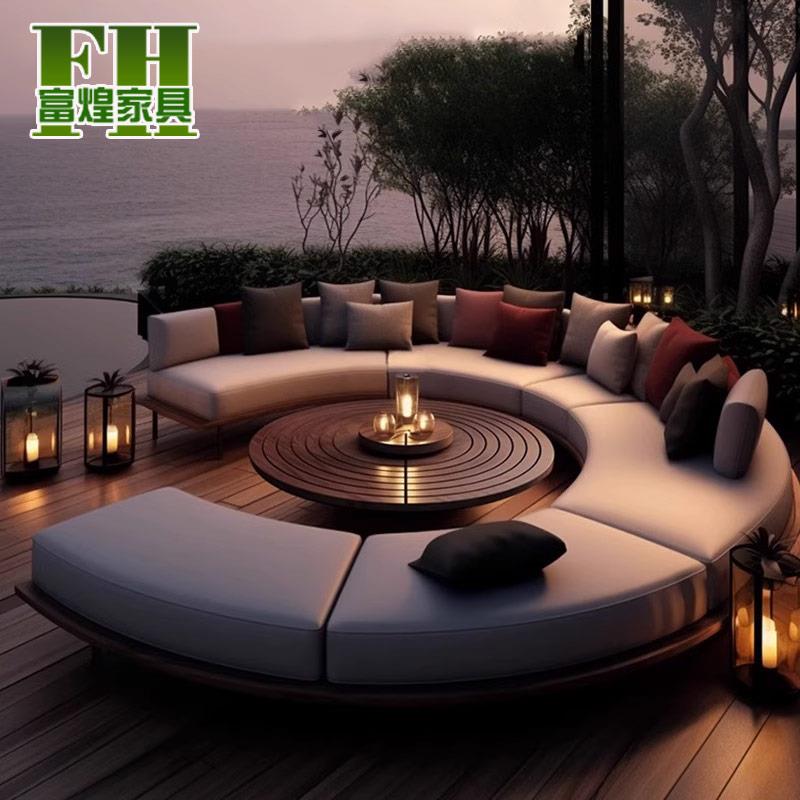 需定制户外圆形休闲 沙发防晒防水茶几组合酒店民宿室外露台柚木