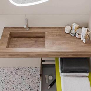 简约木纹岩板一体盆卫生间酒店别墅洗手洗脸盆挂墙式 台下盆定制