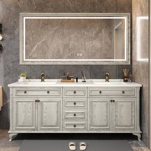 美式 智能洗手盆洗漱台 红橡木双盆浴室柜组合岩板卫生间实木落地式