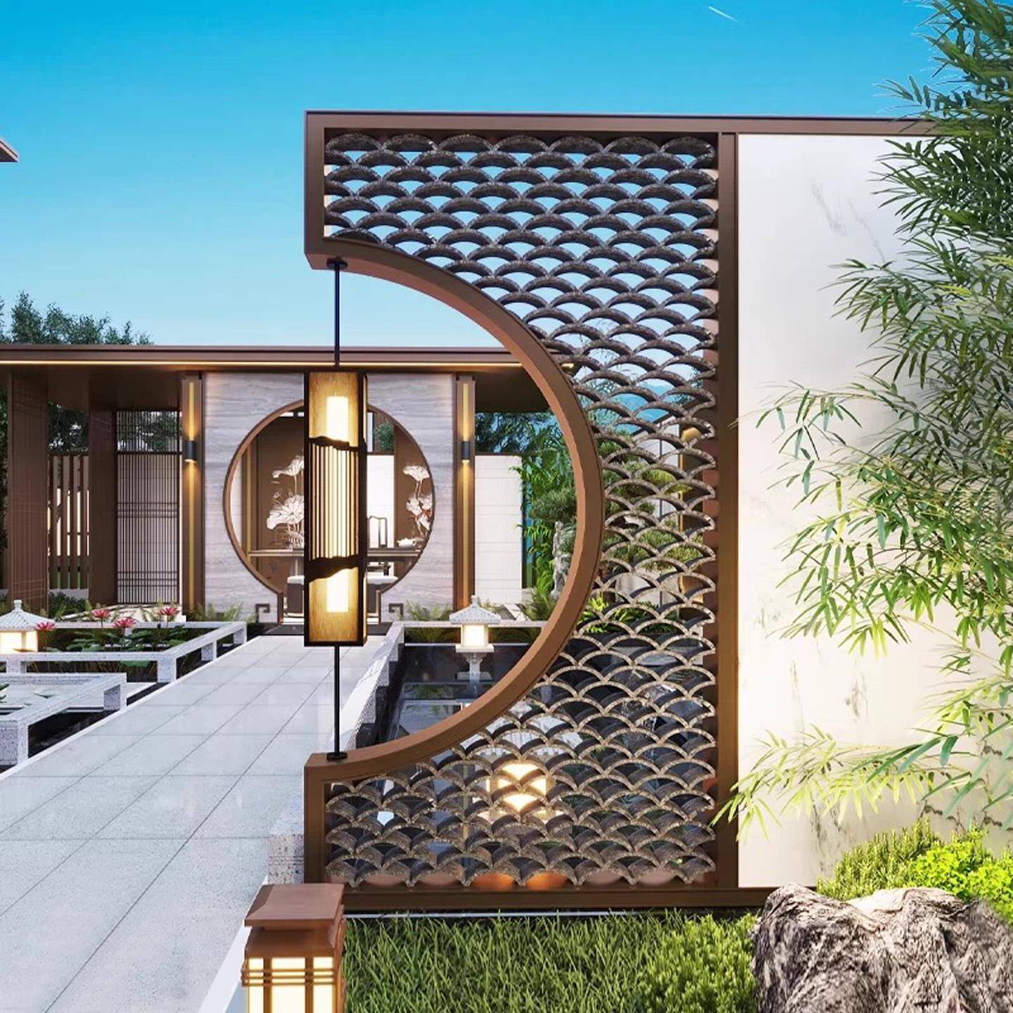 定制新中式不锈钢半月洞门屏风隔断户外园林庭院景观墙金属迎门墙