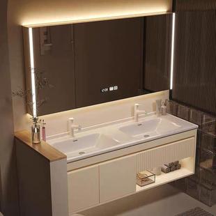 简约现代陶瓷一体双槽洗脸盆洗漱台岩板无缝洗手盆浴室柜组合橡木