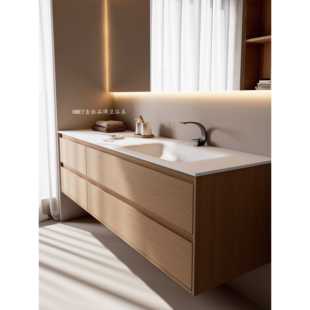 全铝蜂窝铝原木色浴室柜组合日式 别墅卫生间岩板热弯一体盆洗漱台