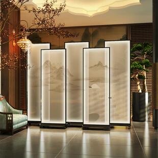 需定制宋式美学丝绢屏风带灯光可移动中式古典山水酒店会所茶室隔