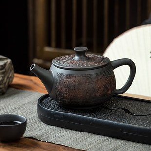 云南建水紫陶大口汉瓦凤鸣壶手工雕刻百福大容量家用单壶泡茶壶