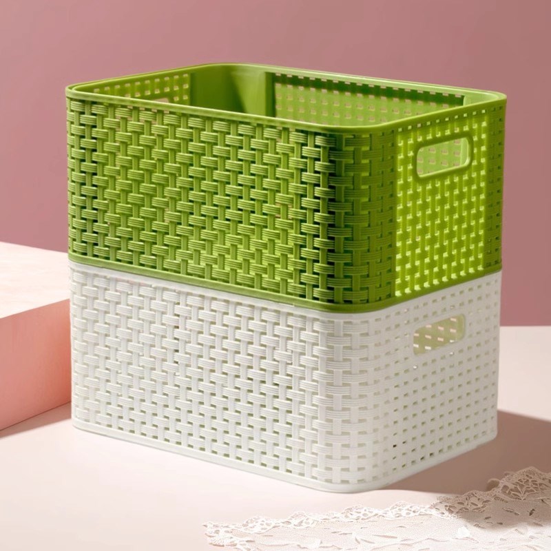 仿藤编桌面收纳筐整理箱塑料框长方形水果筐可叠加玩具加厚收纳篮