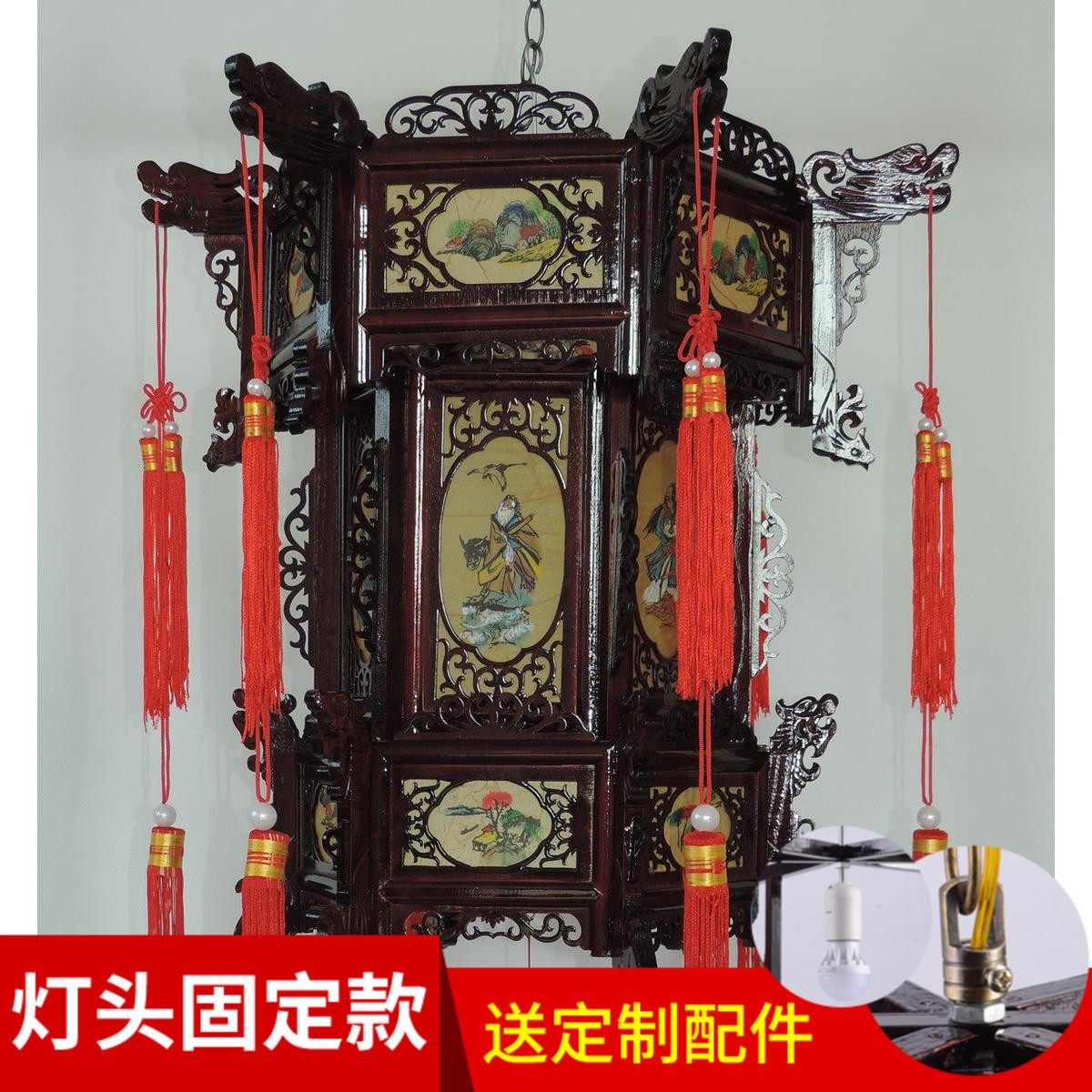 实木宫灯山水画八仙茶楼仿古灯饰木雕大红灯笼中式工艺木质宫灯