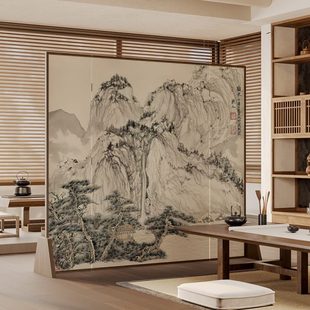 复古山水实木屏风隔断客厅入户禅意茶室办公室装 中式 饰可移动座屏