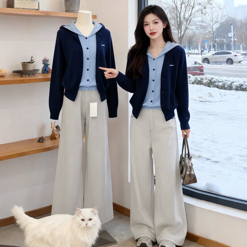 巨好看假两件连帽针织开衫毛衣2026早春大尺码胖mm时尚洋派显瘦上