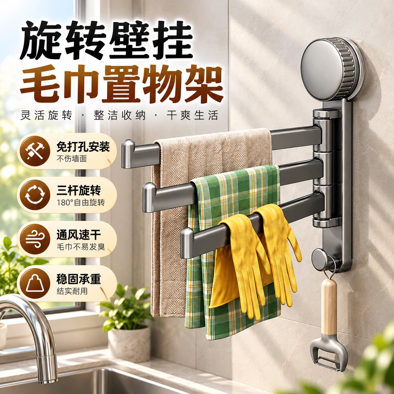 家用吸盘抹布架厨房多杆置物架壁挂式水槽沥水架阳台卫生间毛巾架