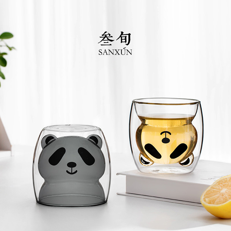叁旬熊猫玻璃杯双层烫喝茶杯室马克杯网红杯