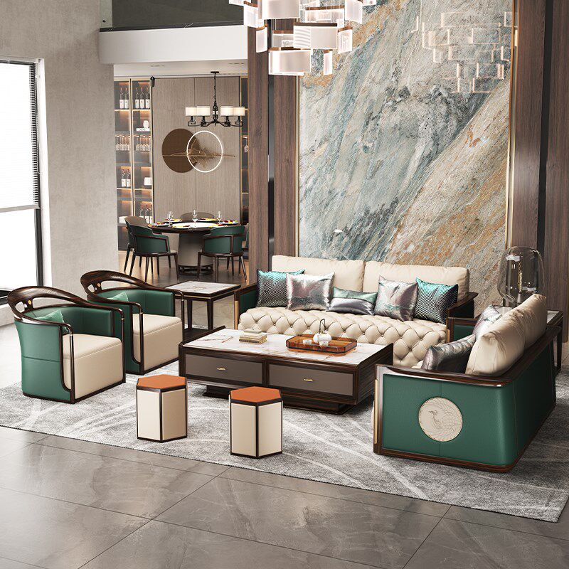 新中式乌金木沙发配套餐桌椅组合别墅套房大小户型皮艺沙发