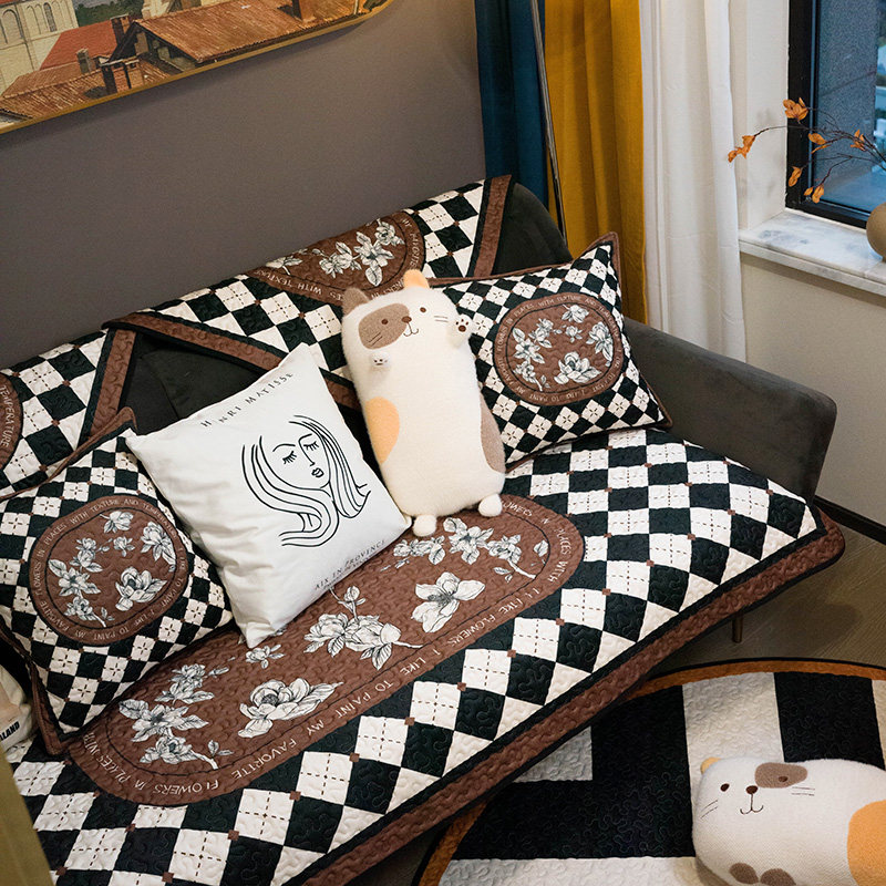 意式几何格子设计沙发垫简约现代花卉设计沙发坐垫咖色耐脏沙发巾