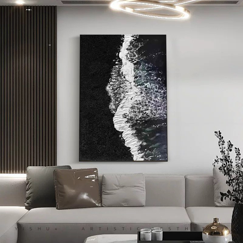 手绘厚肌理立体浮雕画黑白灰海浪油画背景墙简约挂画