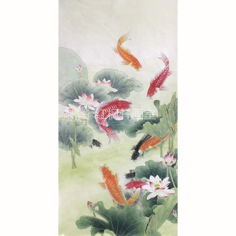 优质工笔画白描底稿四尺六尺花鸟国画牡丹荷花九鱼图熟宣纸手绘稿