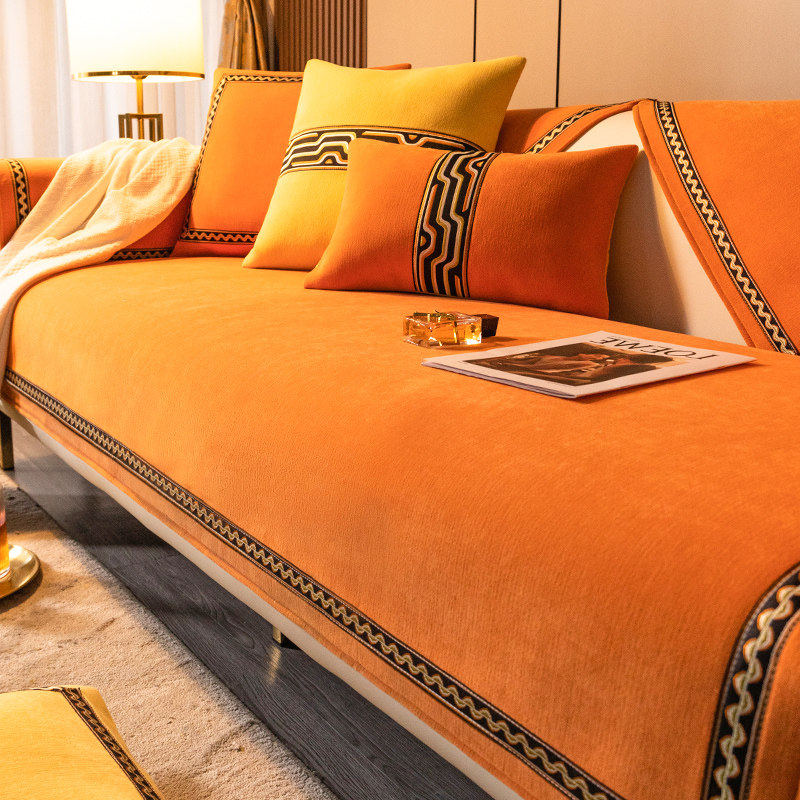 冬季橙色沙发垫子三位一贵妃滑现代四季通用真皮座垫盖布巾套罩