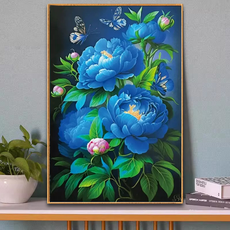 新款客厅牡丹花十字绣q玄关客厅挂画蝴蝶花卉风景画满绣刺绣装饰图片
