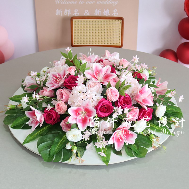 酒店圆桌中间摆花仿真花装饰花假花绢花饭店餐桌转盘桌面摆设花艺
