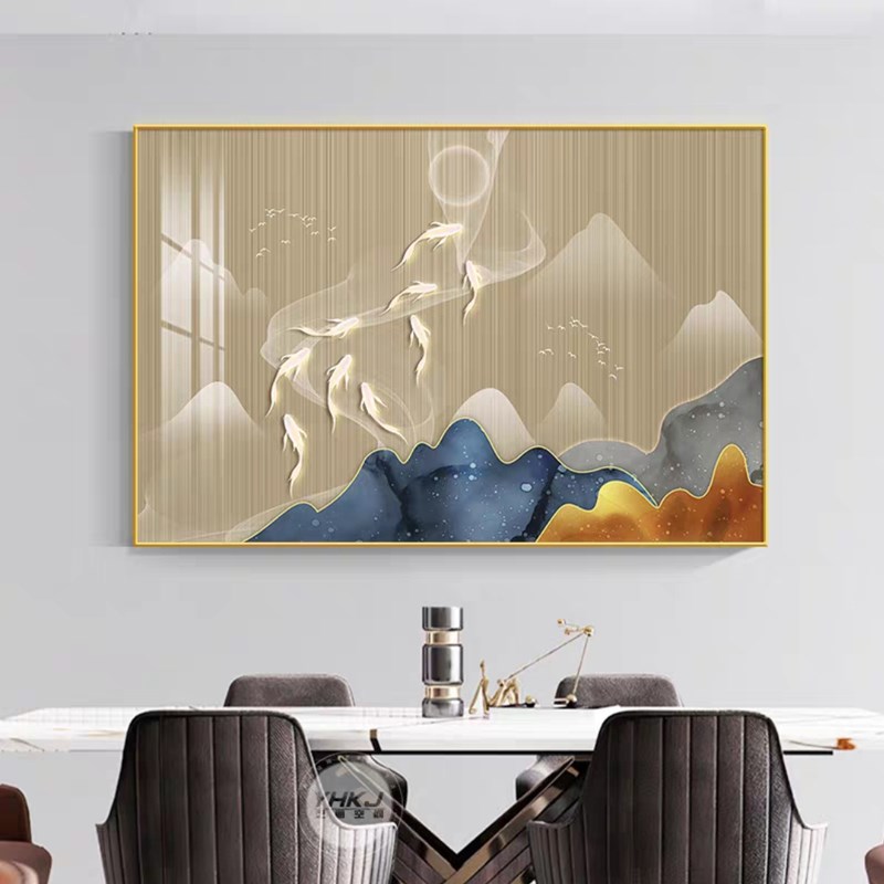 餐厅饭厅装饰画现代轻奢九鱼图高档大气客厅挂画餐桌背景墙面壁画图片