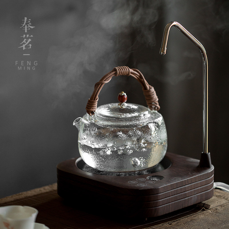 奉茗玻璃煮茶壶电陶炉烧壶耐热天然藤编玻璃提梁壶功夫茶具套装