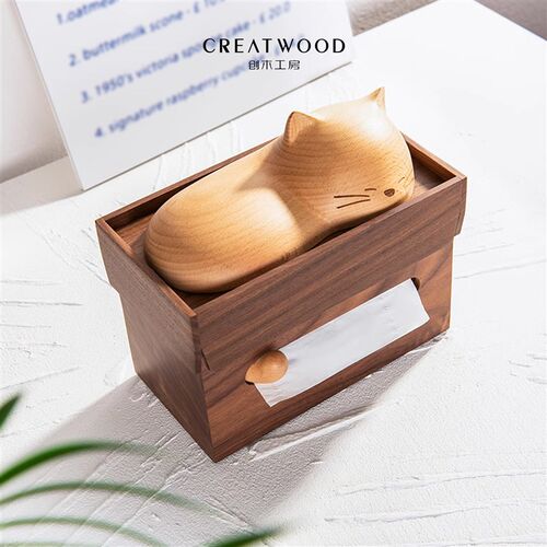 安睡的猫纸巾盒 樱桃奶油蛋糕造黑胡桃纸盒 床头可爱纸巾盒