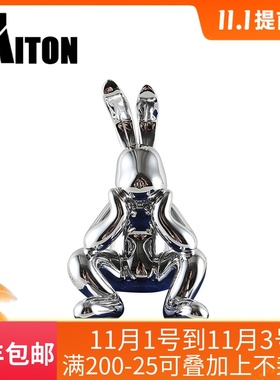 简约现代艺术创意蓝色银色兔子样板间售楼处客厅书房创意