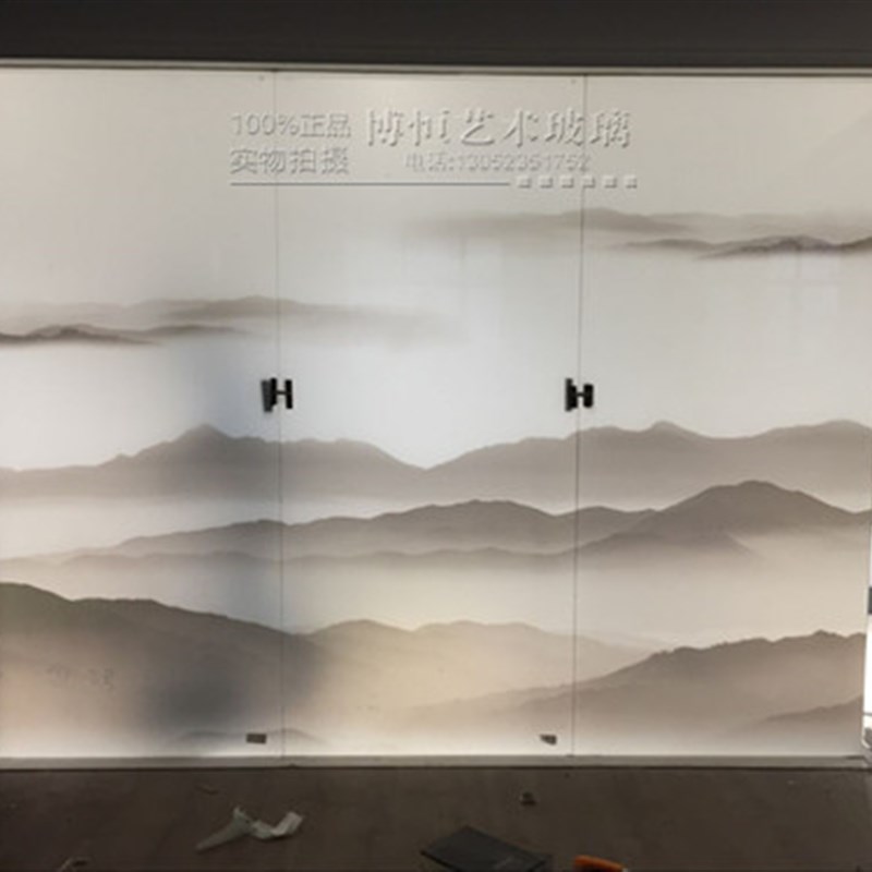 定钢化艺术玻璃 夹丝玻璃夹画屏风 夹娟墨画 新中式
