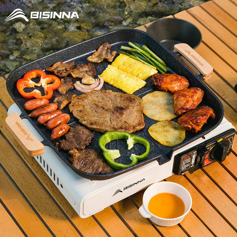 北山狼平底烧烤盘卡式炉露营煎盘烤肉盘户外不粘煎锅迷你盘带漏油