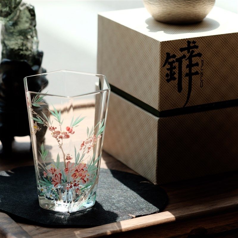 江水造物手绘生花六方玻璃水杯高硼硅耐高温玻璃茶器酒杯茶具