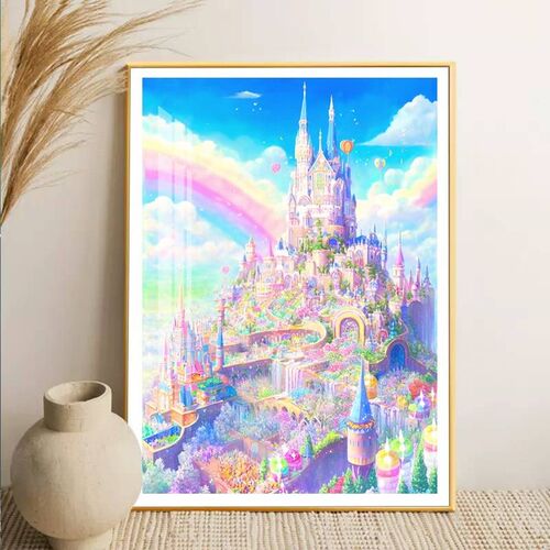 彩虹糖果城堡钻石画满钻满钻框钻石画手工粘贴钻