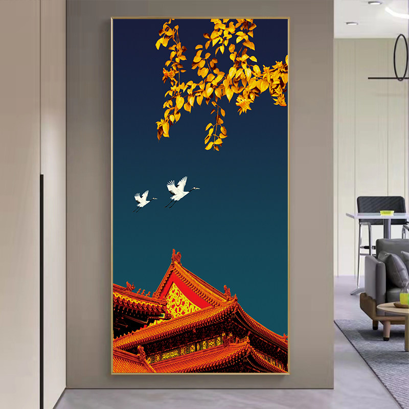 国潮画中国红明清古玄关走廊过道壁画新中式风花鸟建筑挂画