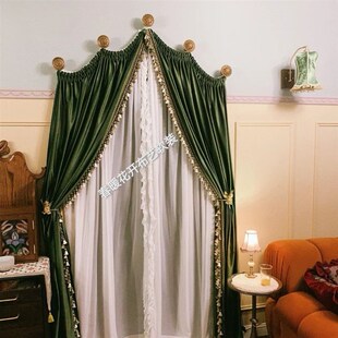 穹顶式复古橄榄绿纯色客厅卧室加厚遮光丝绒窗帘书房门帘飘窗窗帘