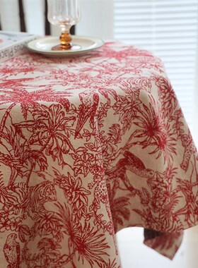 法式丛林红色新年桌布新复古立体提花氛围感餐桌长方形茶几布定制