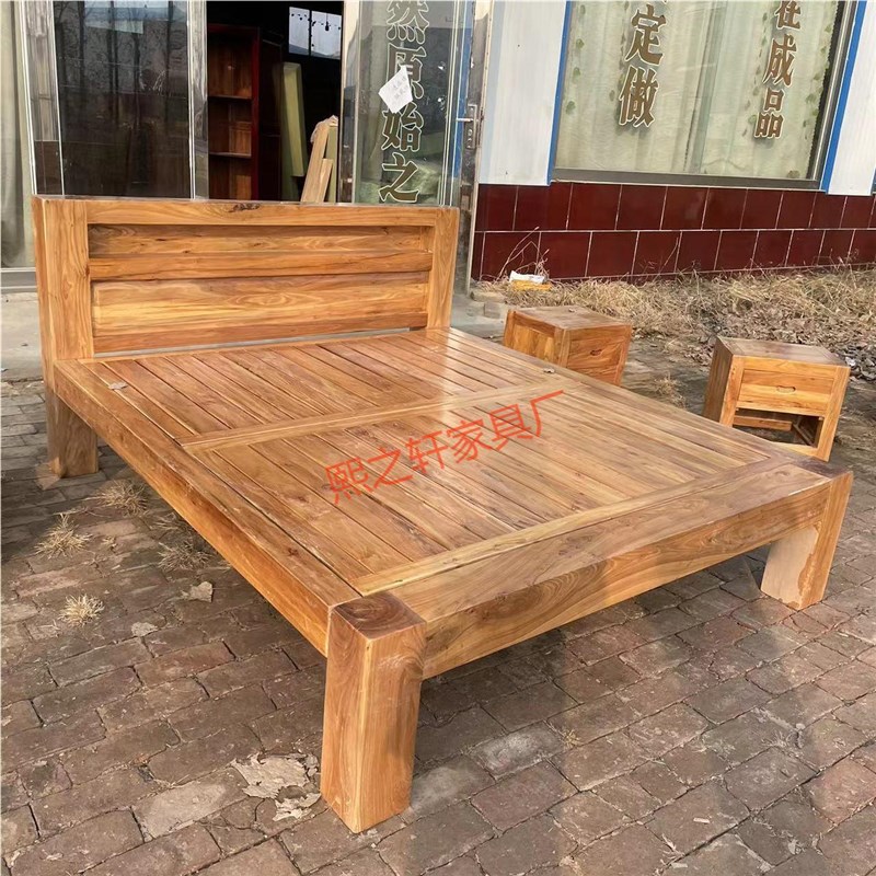 北方老榆木床储物床全实木床单双人床白坯卯榫民宿宿舍卧室现婚床