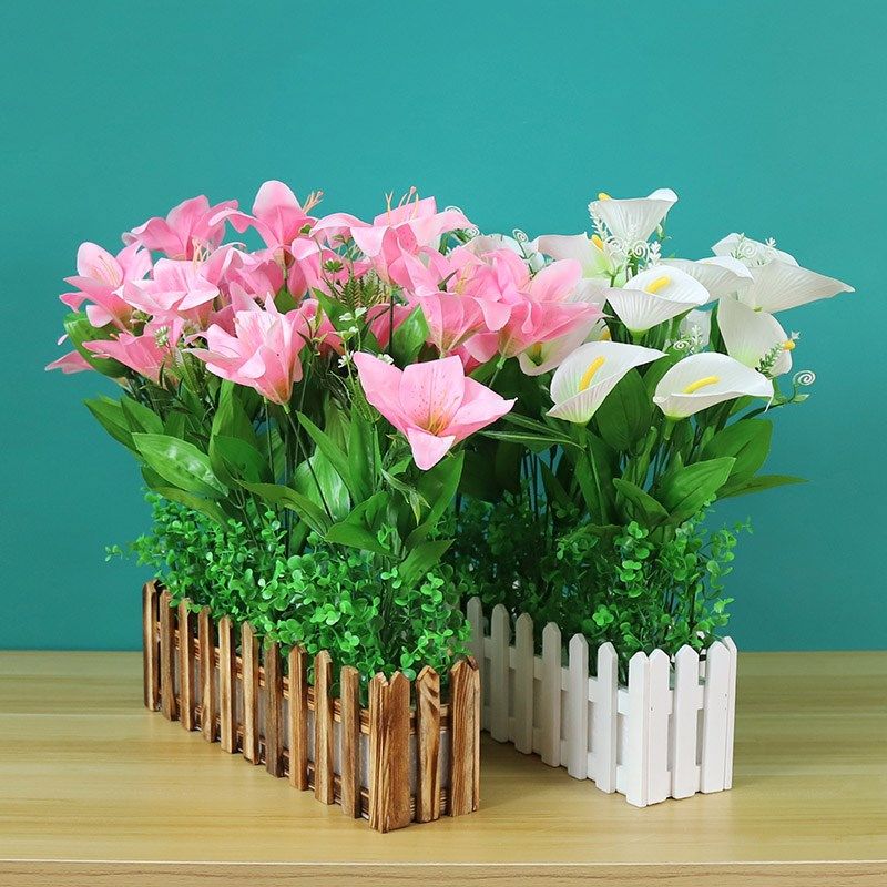 仿真木栅栏花假花百合花花套装植物装饰墙角隔断摆件客厅摆设插花
